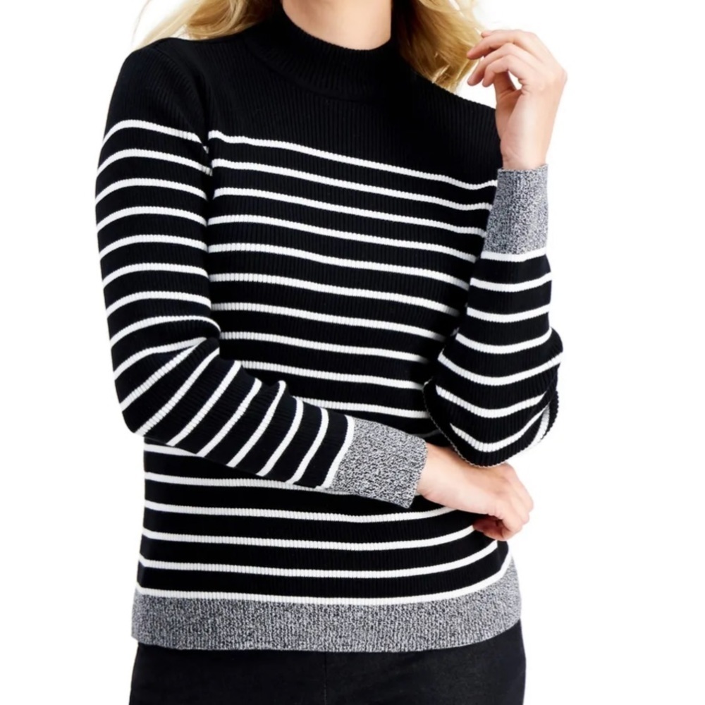 Karen Scott Women's Jenny Rib Striped Mock-Neck Sweater (Sm Winter White Marl)